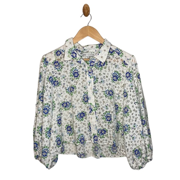 Zara Tops Zara White Floral Puff Sleeve Cropped Button Up Collared